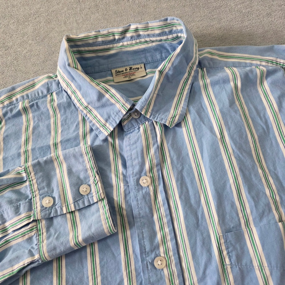 Steve & Barrys Mens XL Blue Green Striped Cotton Long Sleeve Button Down Shirt